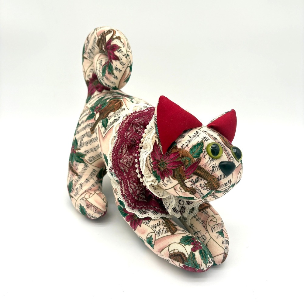 Victorian Christmas Cat Plush Musical Sheet Poinsettia Print Lace Pearl Collar